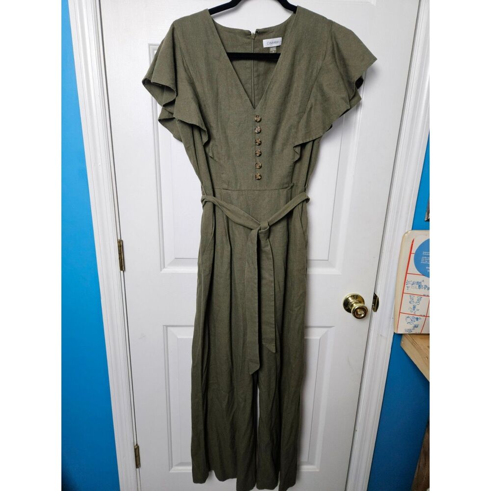 Calvin Klein Size 10 Green Jumpsuit Linen Blend